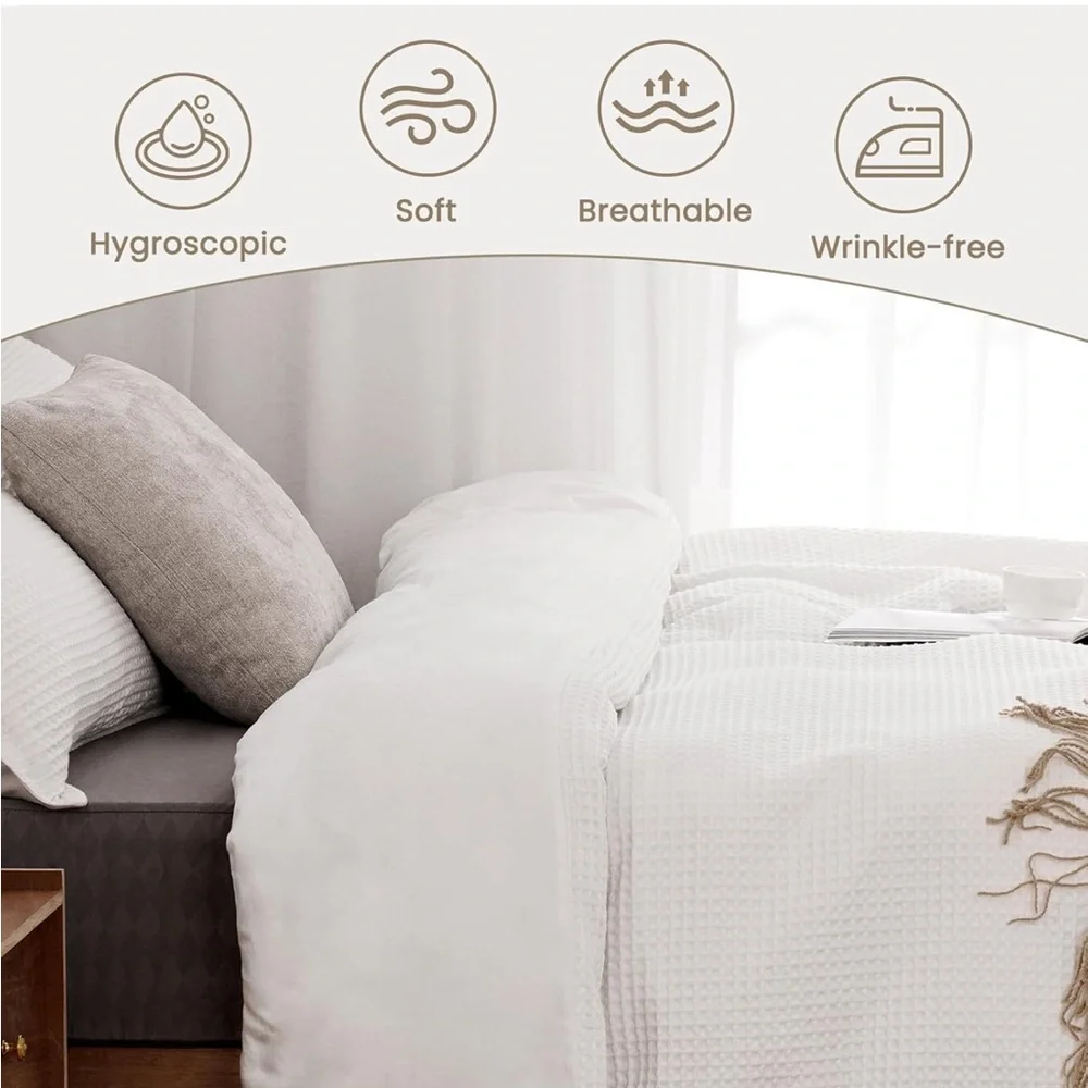 VALUXE Duvet Cover Set Queen 100% Cotton,White Waffle Weave Soft/Breathable 3pc